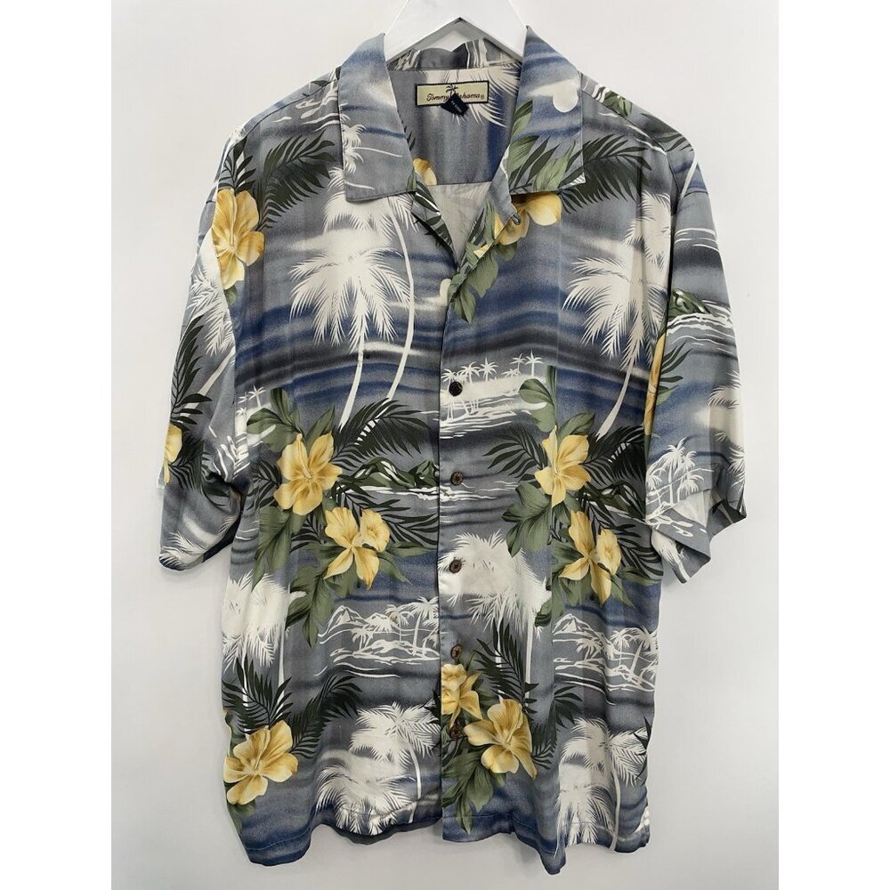 Tommy Bahama Silk Hawaiian Shirt Button Up Palm Tree Floral Tropical Blue Gray L